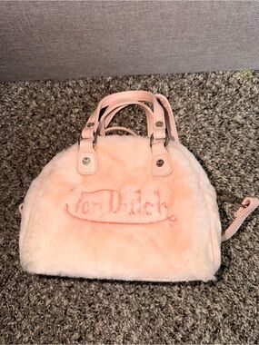 Von Dutch Pale Pink Faux Fur Dome Satchel with Top Handles